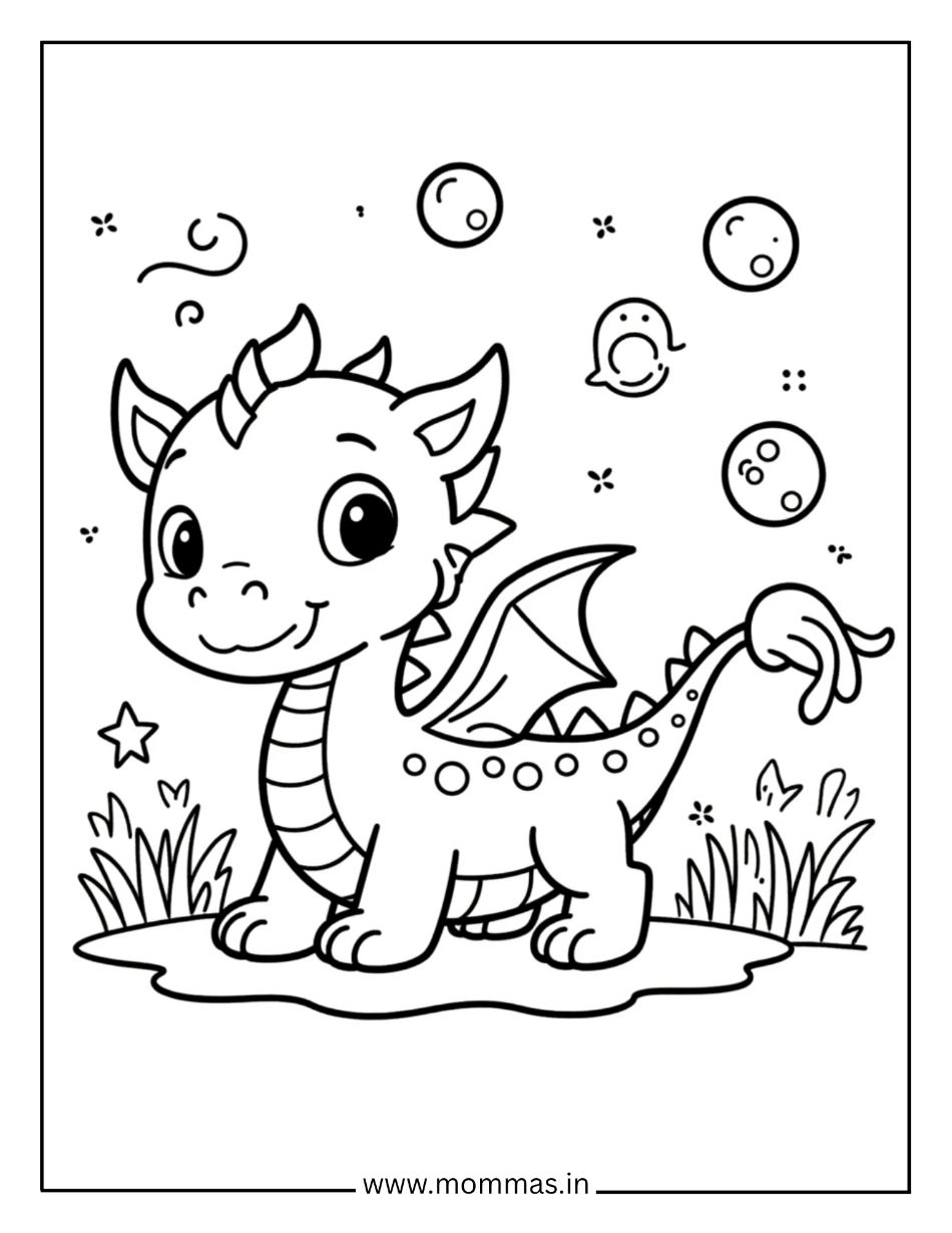 Cute dragon coloring pages showing baby dragon with wings and floating bubbles in grassy meadow for playful fun.
