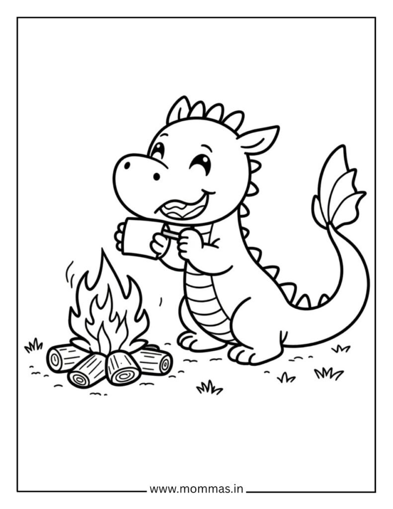 Adventure dragon coloring pages showing dragon with hot cocoa by campfire for outdoor camping themes.