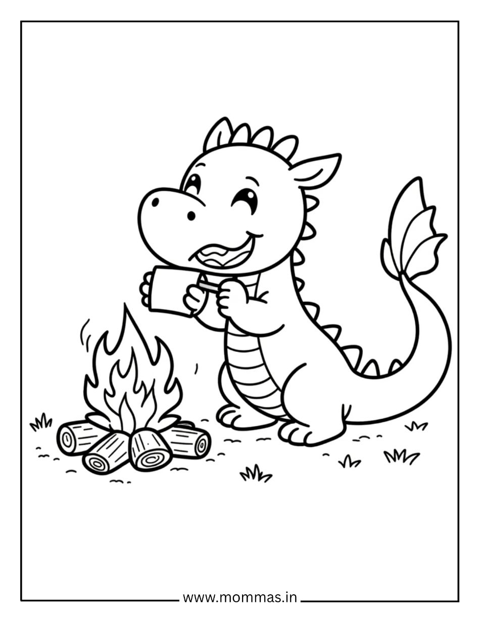 Adventure dragon coloring pages showing dragon with hot cocoa by campfire for outdoor camping themes.
