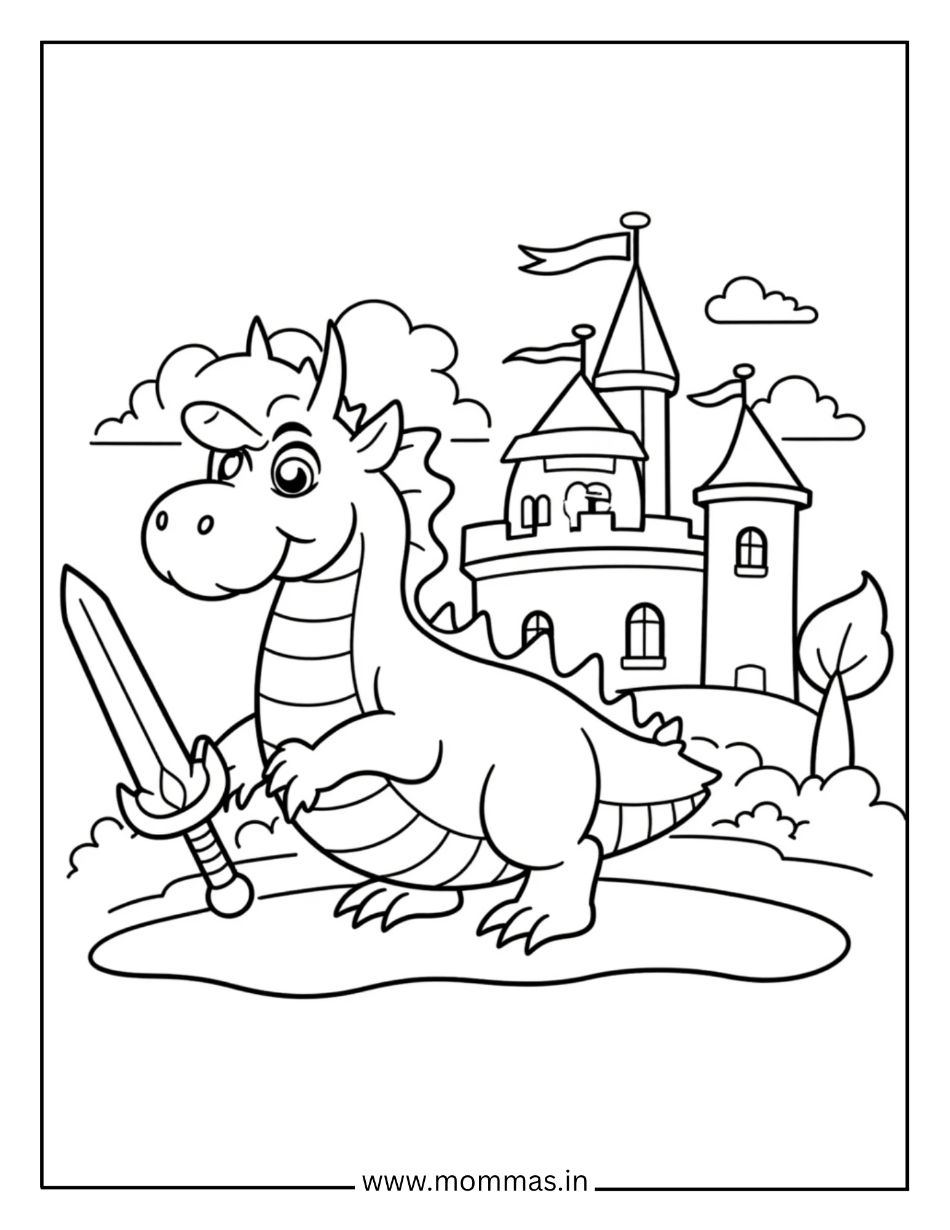 Adventure dragon coloring pages showing knight dragon with sword and medieval castle for heroic role-play themes.