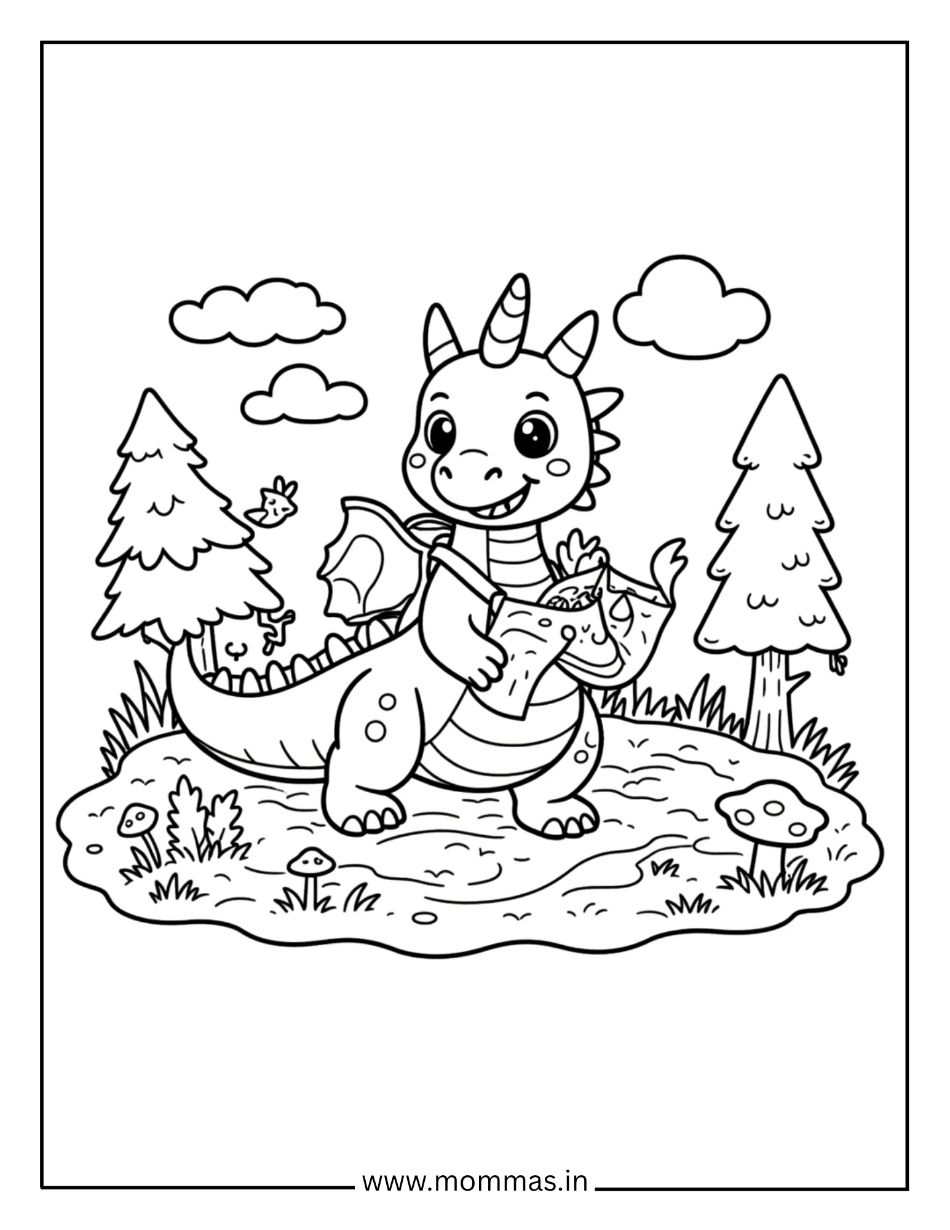 Educational dragon coloring pages showing dragon reading book in forest with trees and animal friends for learning.