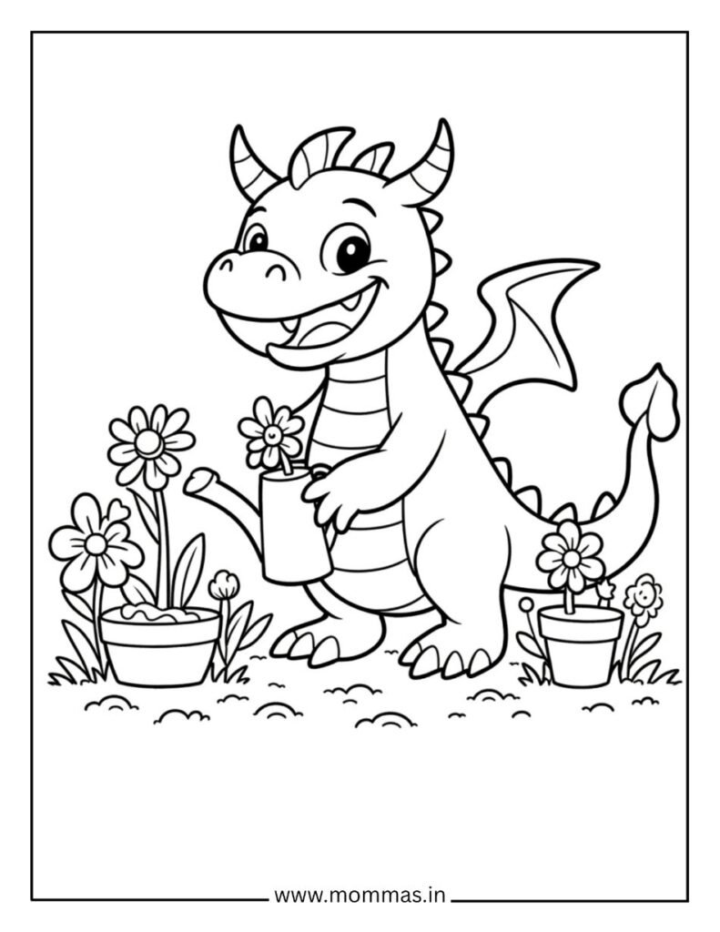 Printable dragon coloring pages featuring friendly dragon watering flowers with can surrounded by flower pots.