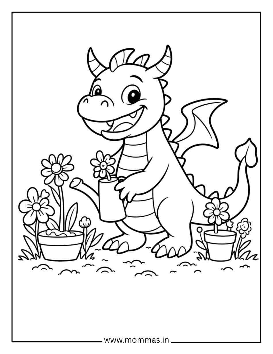 Printable dragon coloring pages featuring friendly dragon watering flowers with can surrounded by flower pots.