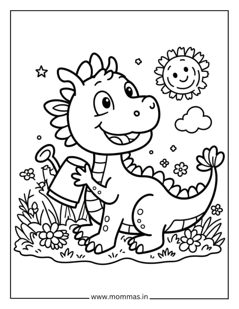 Beautiful dragon coloring pages featuring garden dragon with butterfly, flowers and sunshine for nature exploration.