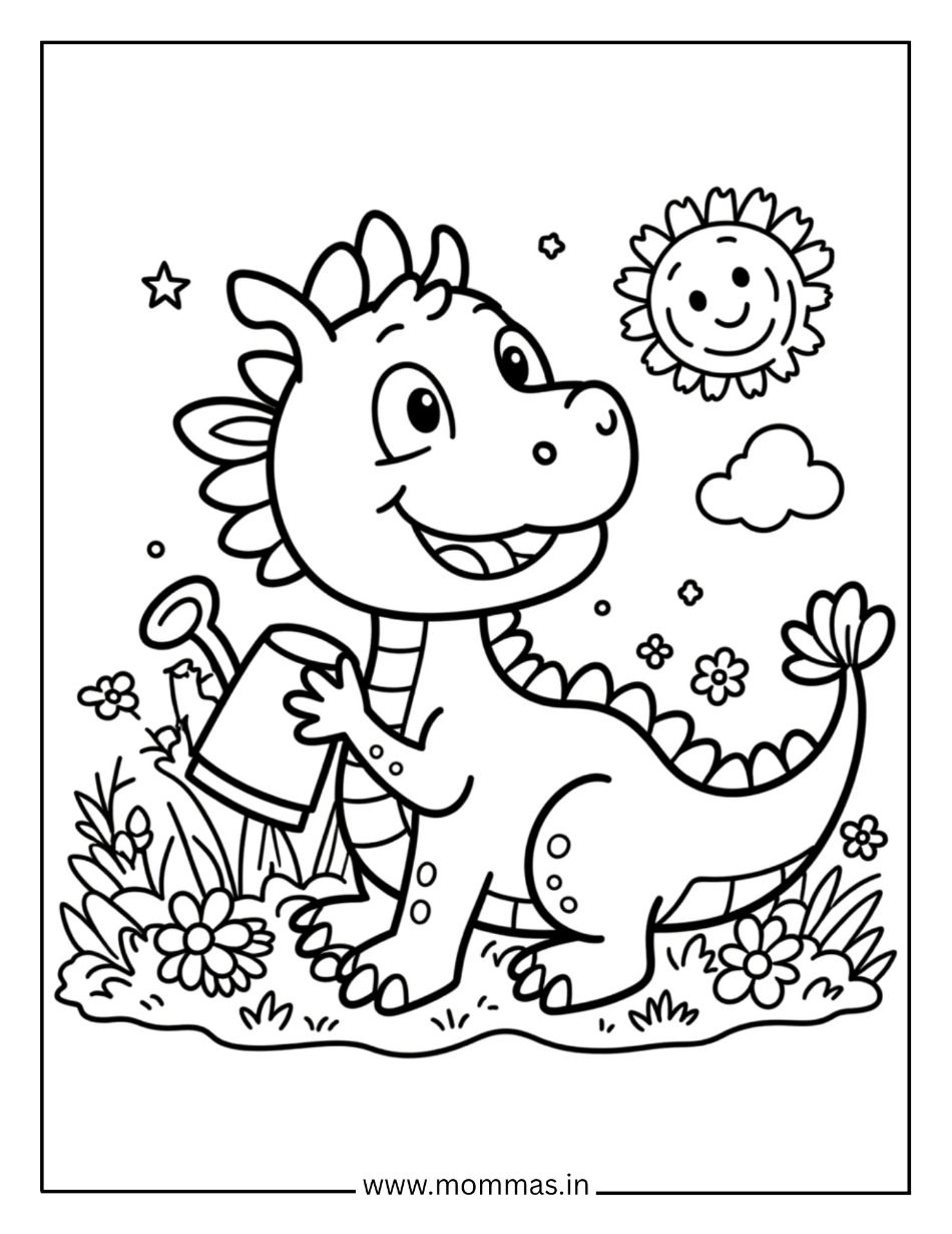 Beautiful dragon coloring pages featuring garden dragon with butterfly, flowers and sunshine for nature exploration.