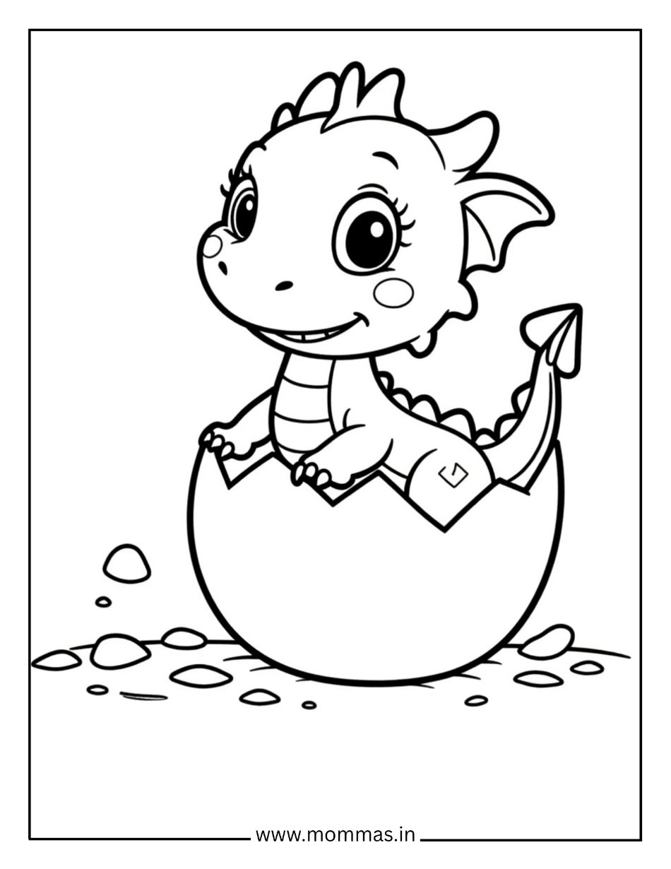 Adorable dragon coloring pages showing baby dragon hatching from egg with scattered shells for new life themes.