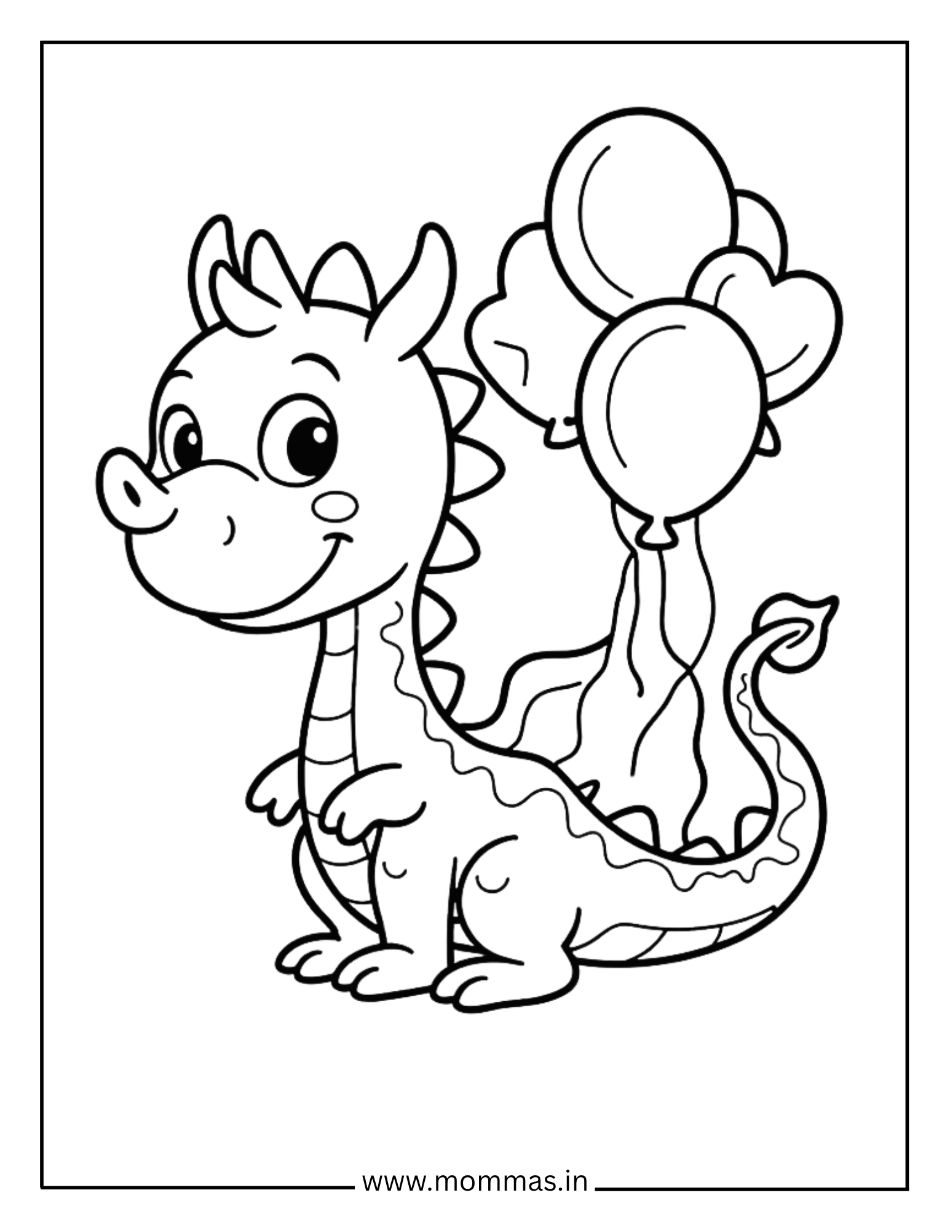 Printable dragon coloring pages featuring friendly dragon with heart balloons for love and friendship themes.