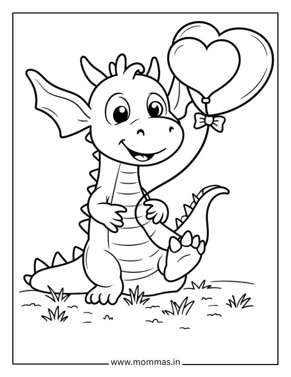 Cute dragon coloring pages showing friendly dragon with heart balloon for friendship and love themes.