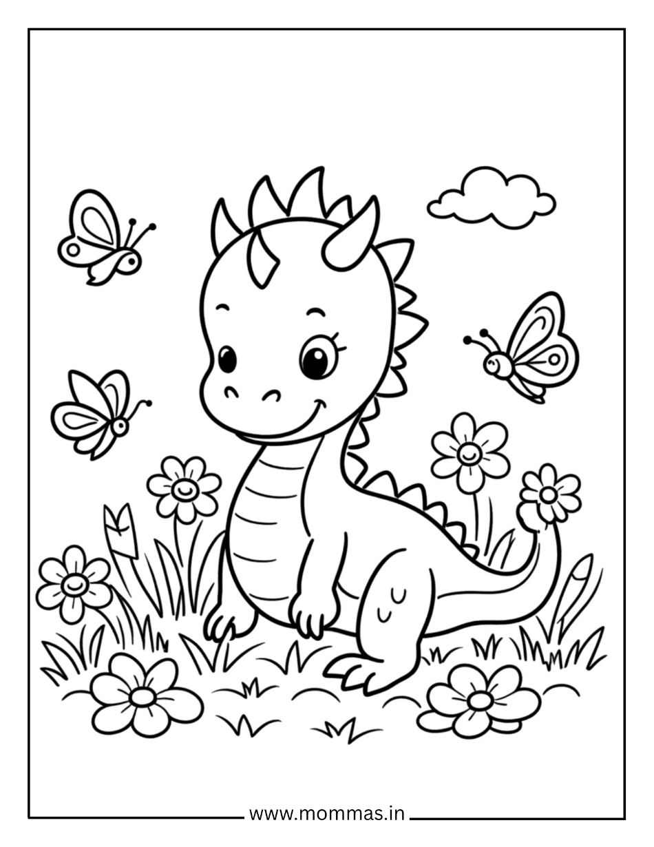 Beautiful dragon coloring pages featuring friendly dragon in meadow with butterflies and flowers for nature exploration.