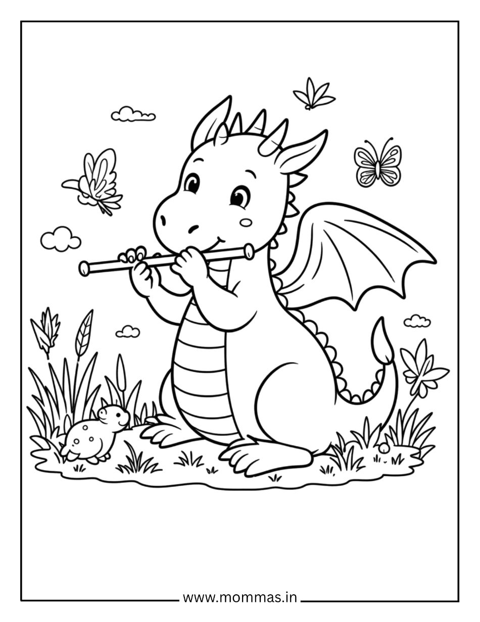 Musical dragon coloring pages showing dragon playing flute with rabbit friend and butterflies for music education.