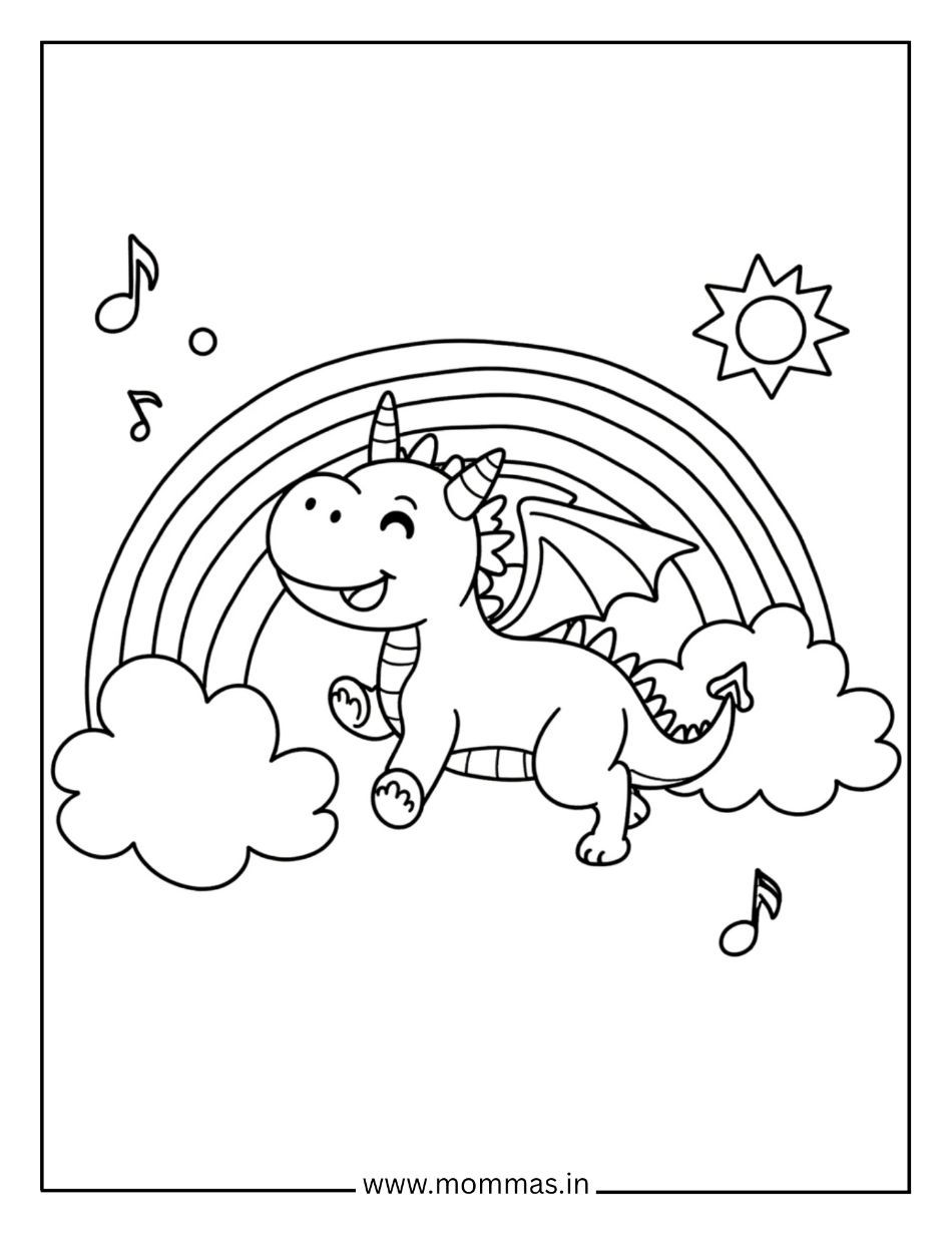 Musical dragon coloring pages showing winged dragon on rainbow with music notes and sun for creative expression.