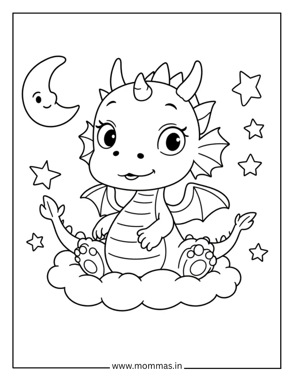 Printable dragon coloring pages featuring baby dragon on cloud with crescent moon and stars for bedtime themes.