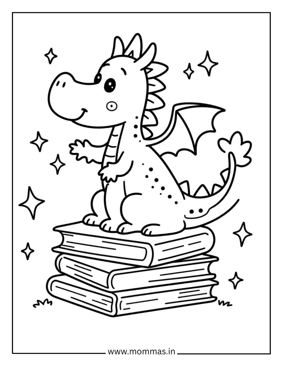 Educational dragon coloring pages featuring smart dragon sitting on book stack with stars for learning themes.