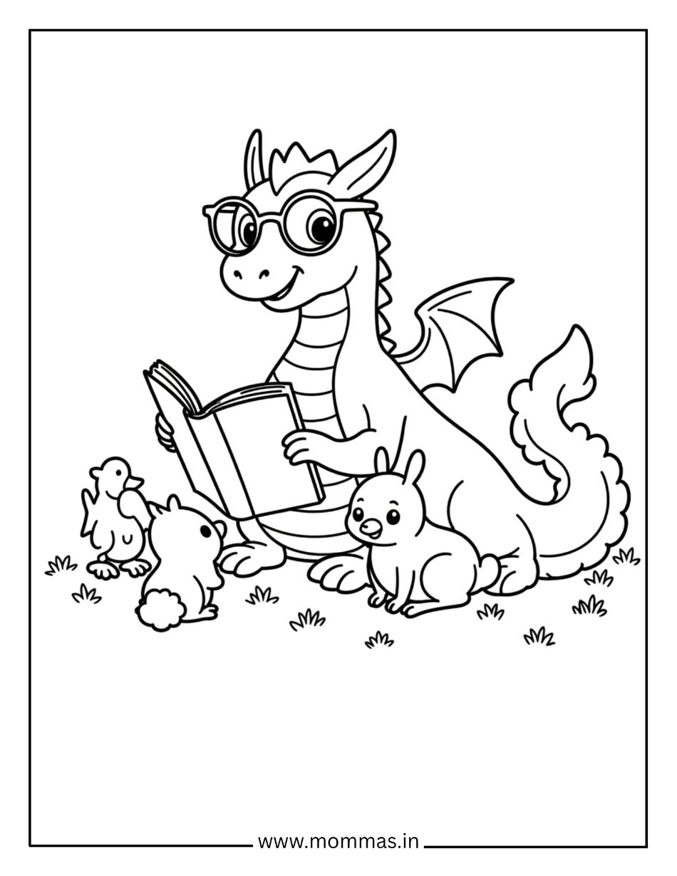 Smart dragon coloring pages featuring dragon with glasses reading book surrounded by cute learning animal friends.