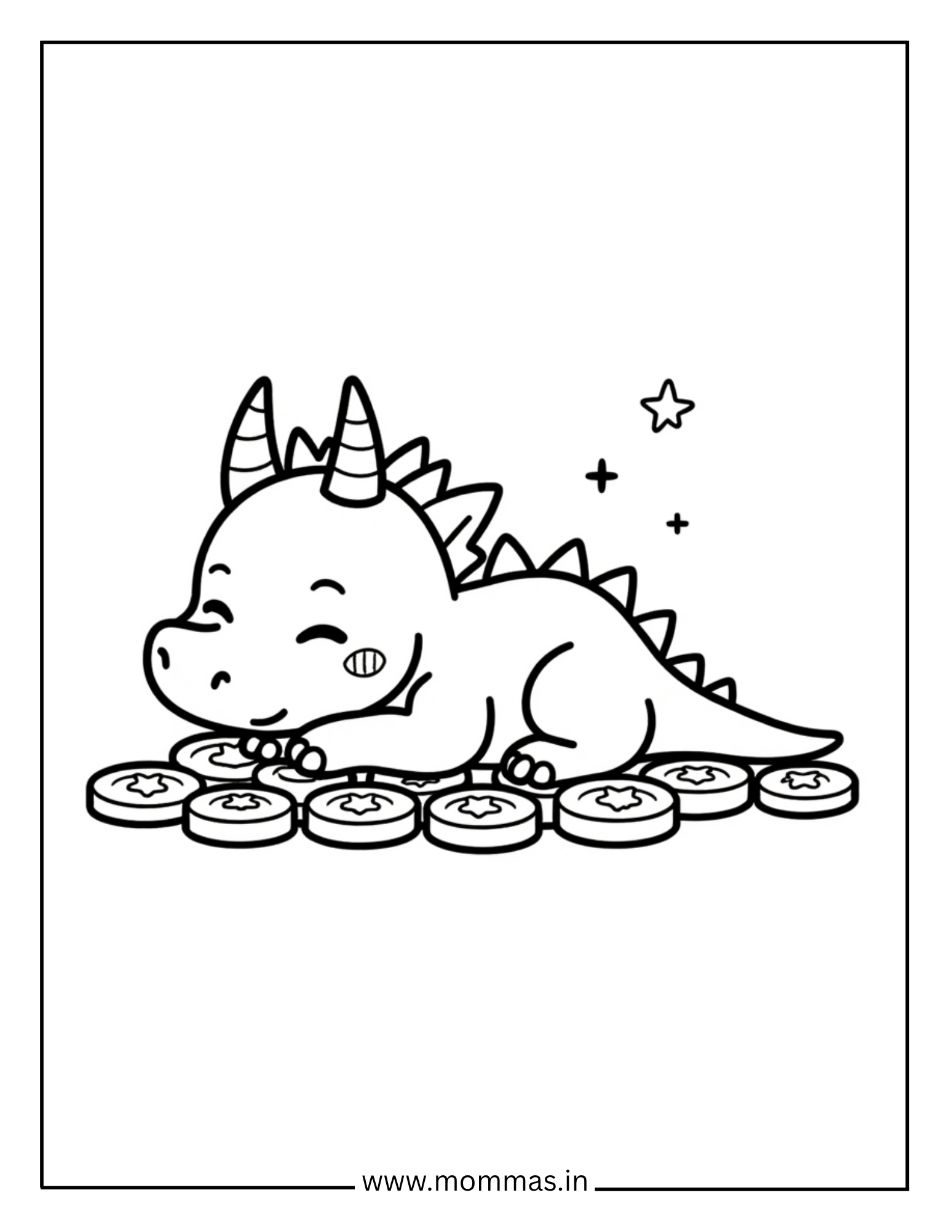 Printable dragon coloring pages featuring cute dragon with treasure coins and star for adventure learning themes.