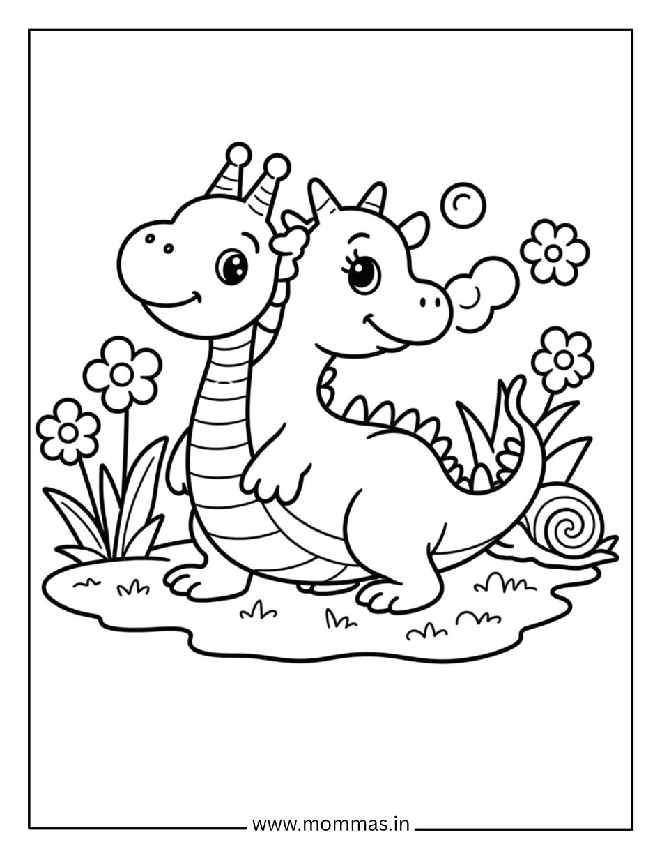 Printable dragon coloring pages featuring dragon and unicorn friendship with flowers and meadow for fantasy fun.