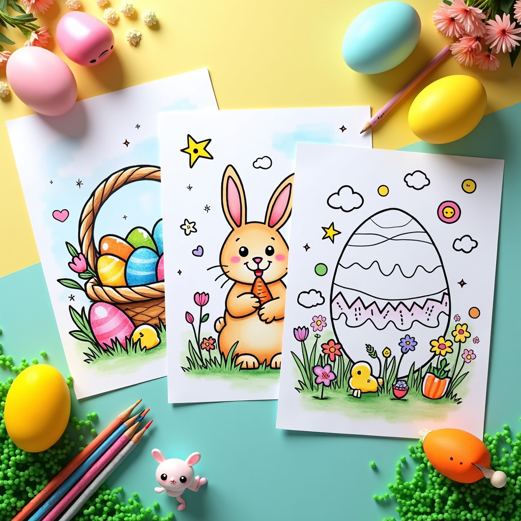 Easter coloring sheet with hidden shape puzzles in basket weave patterns