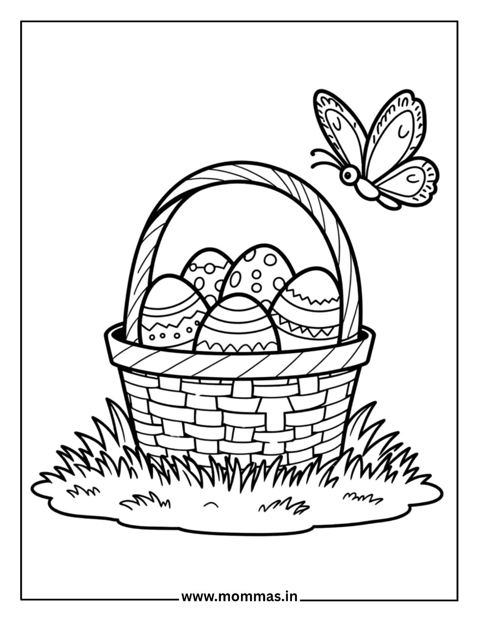 Traditional Easter coloring pages featuring basket with decorated eggs and butterfly for Easter basket themes