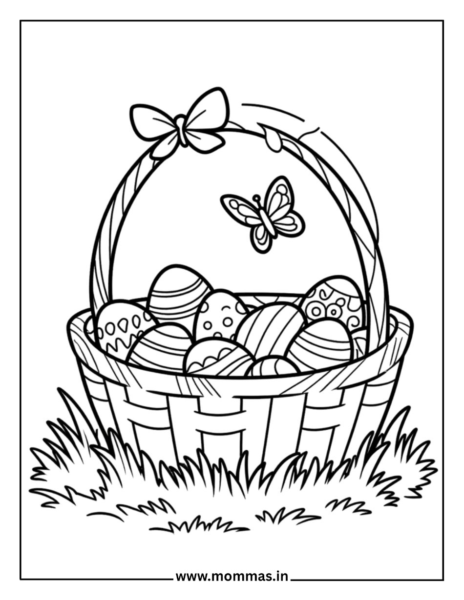 Beautiful Easter coloring pages featuring basket with decorated eggs and butterflies for Easter basket themes
