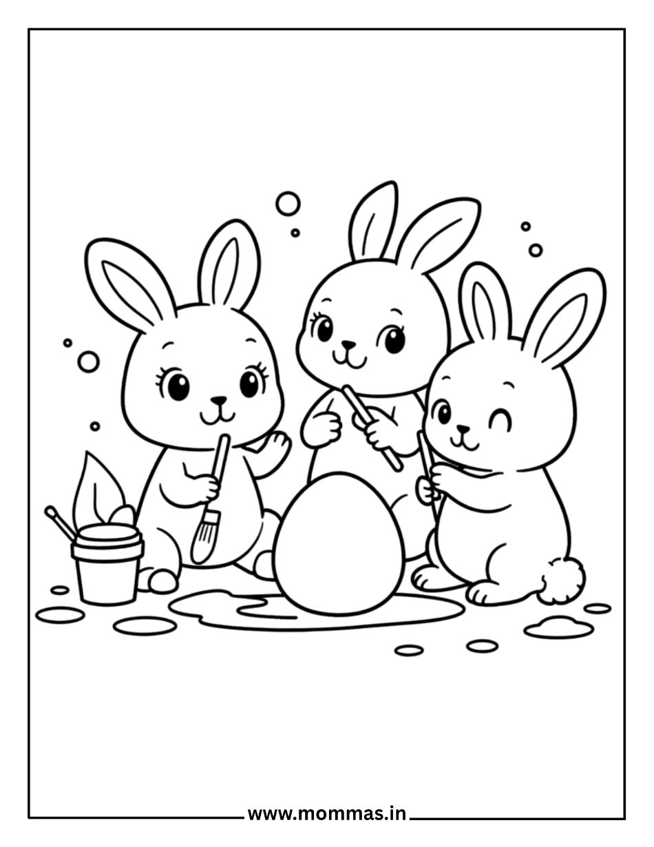 Creative Easter coloring pages featuring three bunnies painting Easter eggs with brushes and paint for art activity fun