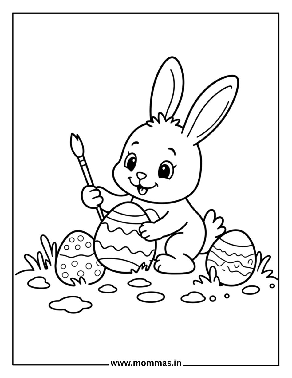 Creative Easter coloring pages featuring bunny painting Easter eggs with brush and decorative patterns for art fun