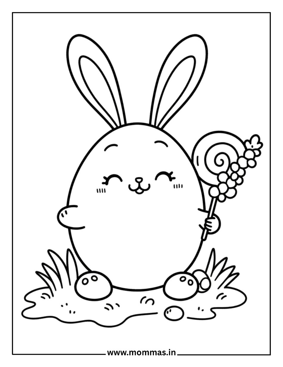 Sweet Easter coloring pages featuring happy bunny with candy treat in meadow for Easter celebration themes