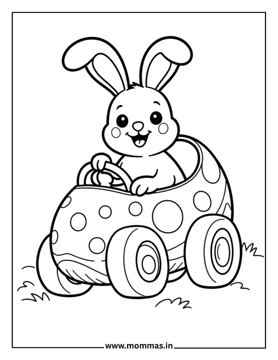 Fun Easter coloring pages featuring bunny driving polka dot car for transportation adventure and Easter fun