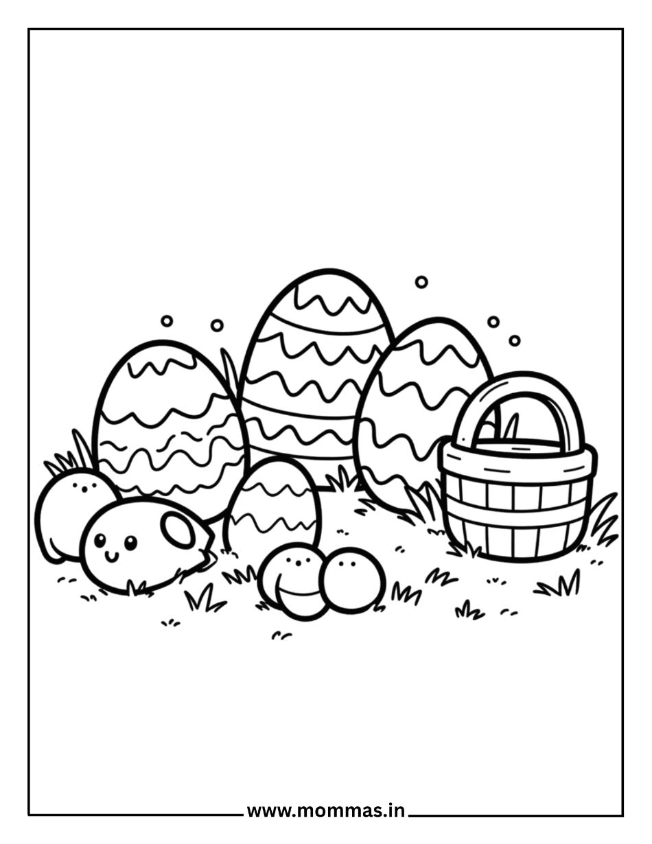 Printable Easter coloring pages featuring bunny with decorated eggs, basket and chicks for spring celebration fun