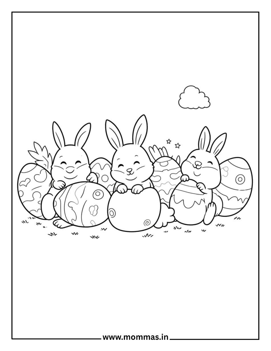 Beautiful Easter coloring pages showing bunny family with multiple decorated Easter eggs and grass for egg hunt fun
