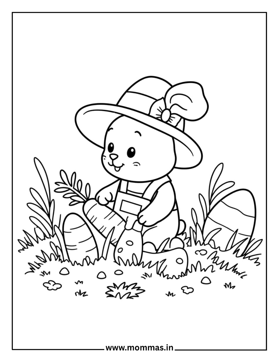Printable Easter coloring pages featuring bunny gardener with hat, carrots and plants for spring garden themes