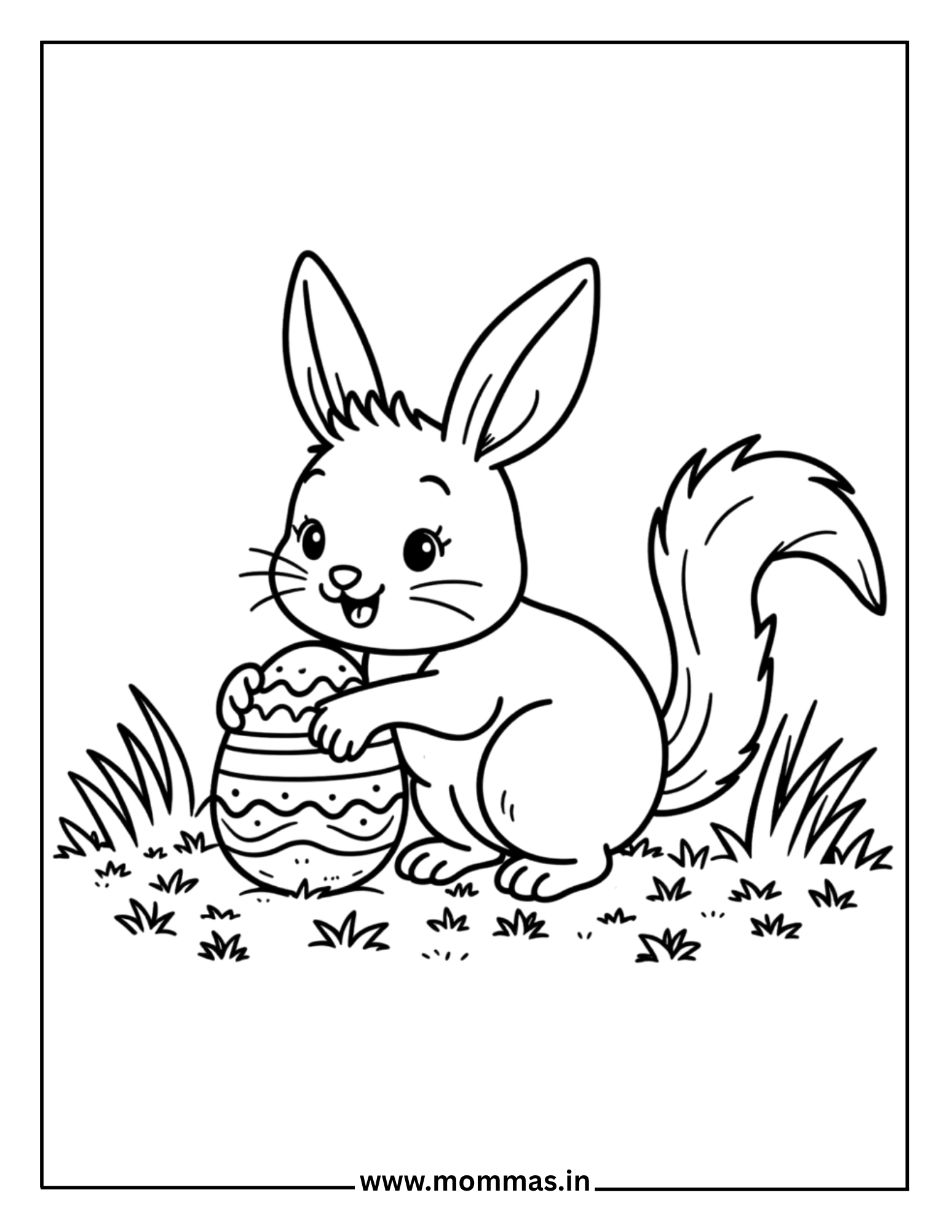 Cute Easter coloring pages featuring bunny hugging decorated Easter egg with grass for spring love themes
