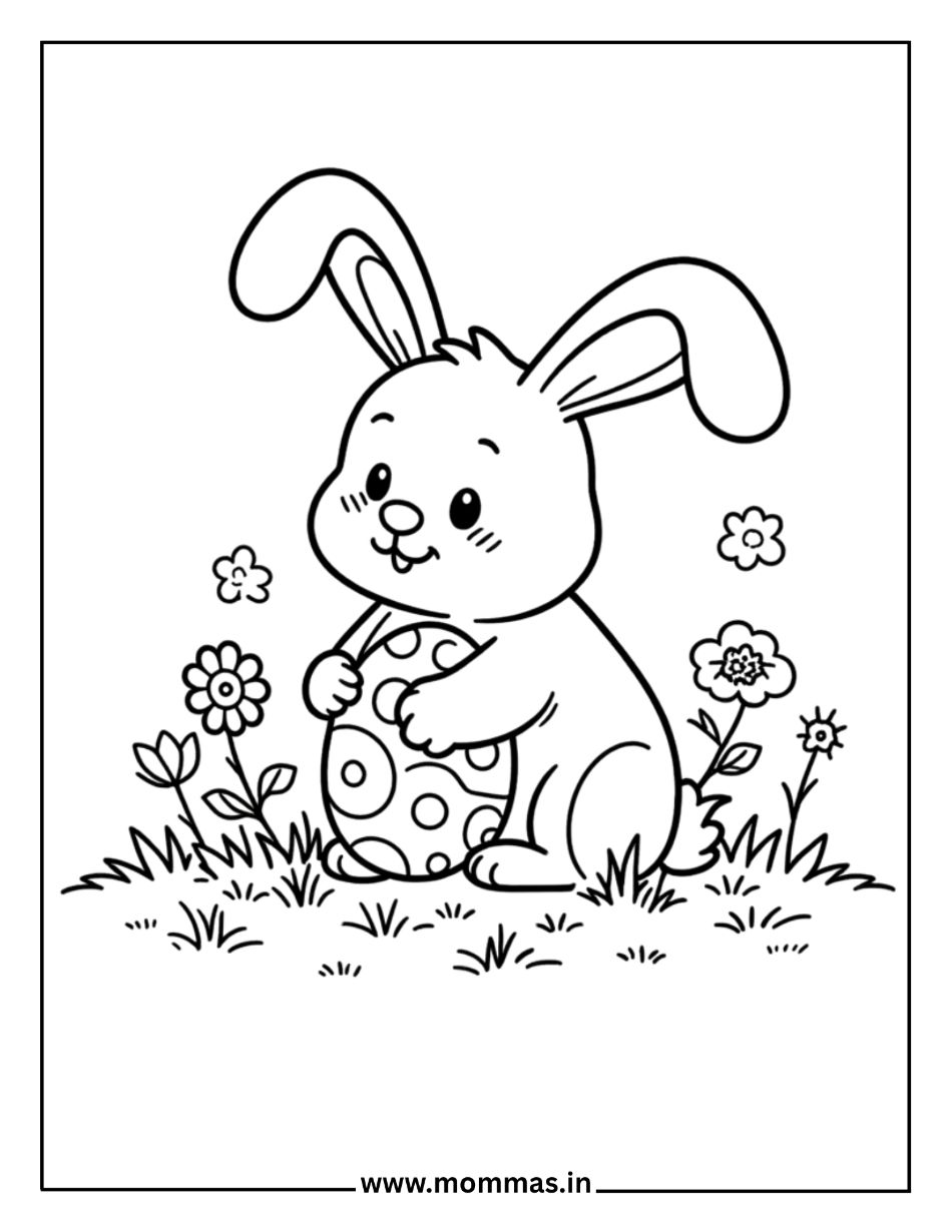 Heartwarming Easter coloring pages featuring bunny hugging decorated egg with flowers for caring themes