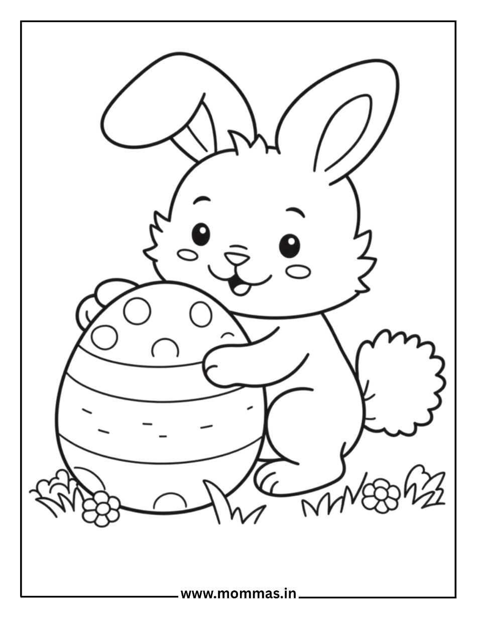 Cute Easter coloring pages featuring bunny hugging decorated Easter egg with flowers and grass for spring fun