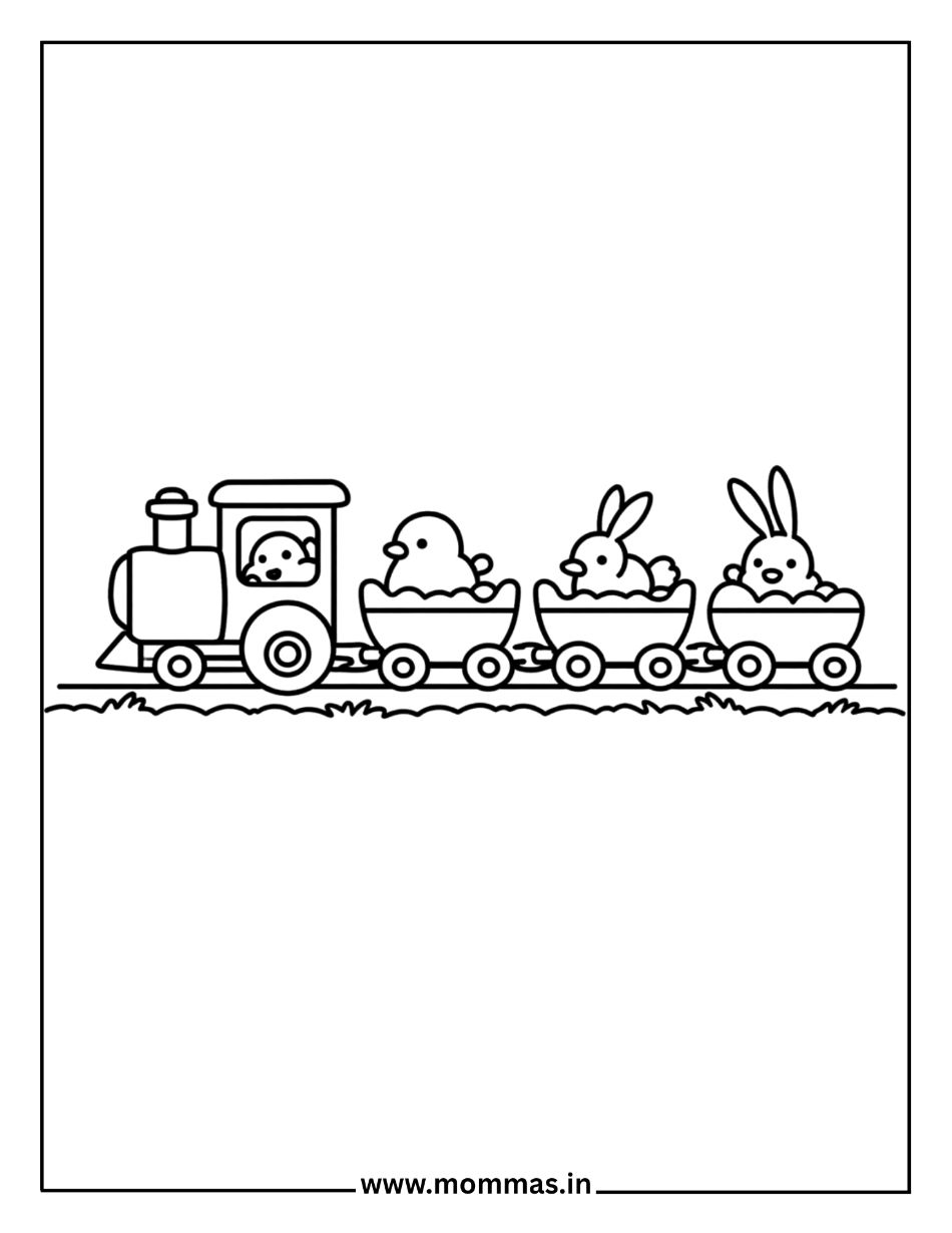 Fun Easter coloring pages featuring train with animal passengers like chicks and bunnies for transportation adventure