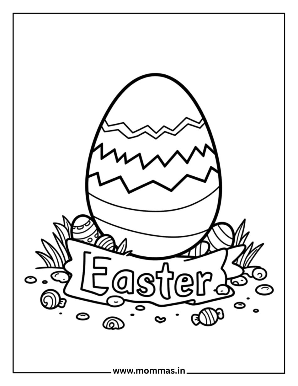 Printable Easter coloring pages featuring decorated Easter egg with banner and small eggs for spring celebration fun