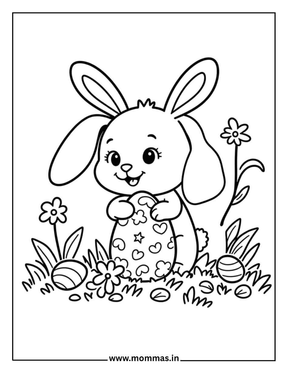 Beautiful Easter coloring pages featuring bunny with Easter egg in flower garden with spring blooms for nature fun