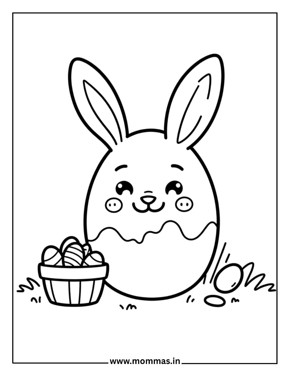 Cute Easter coloring pages featuring large bunny head with egg basket and grass for Easter celebration themes