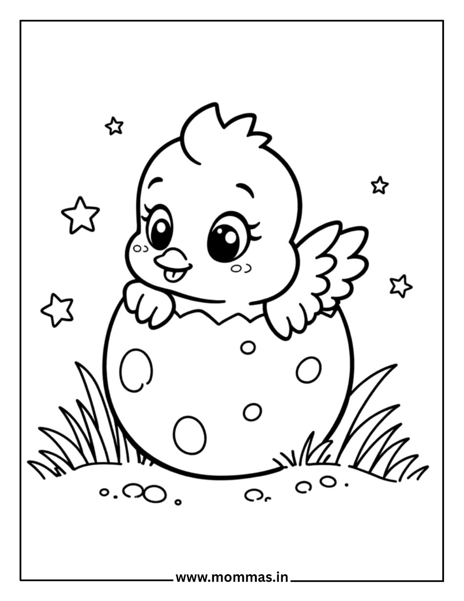 Cute Easter coloring pages featuring hatching chick emerging from egg with stars for new life celebration themes