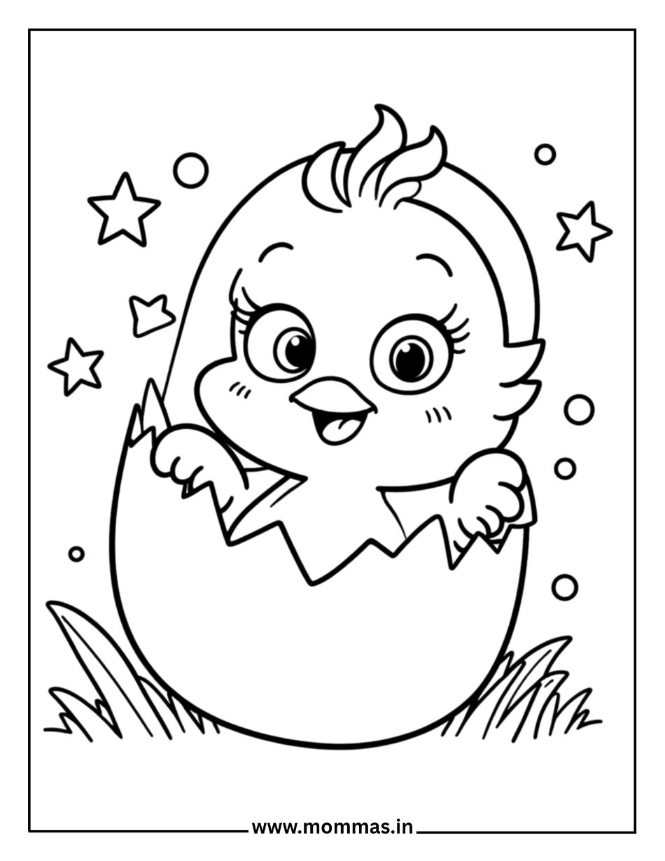 Printable Easter coloring pages featuring cute hatching chick with cracked egg and stars for spring celebration fun