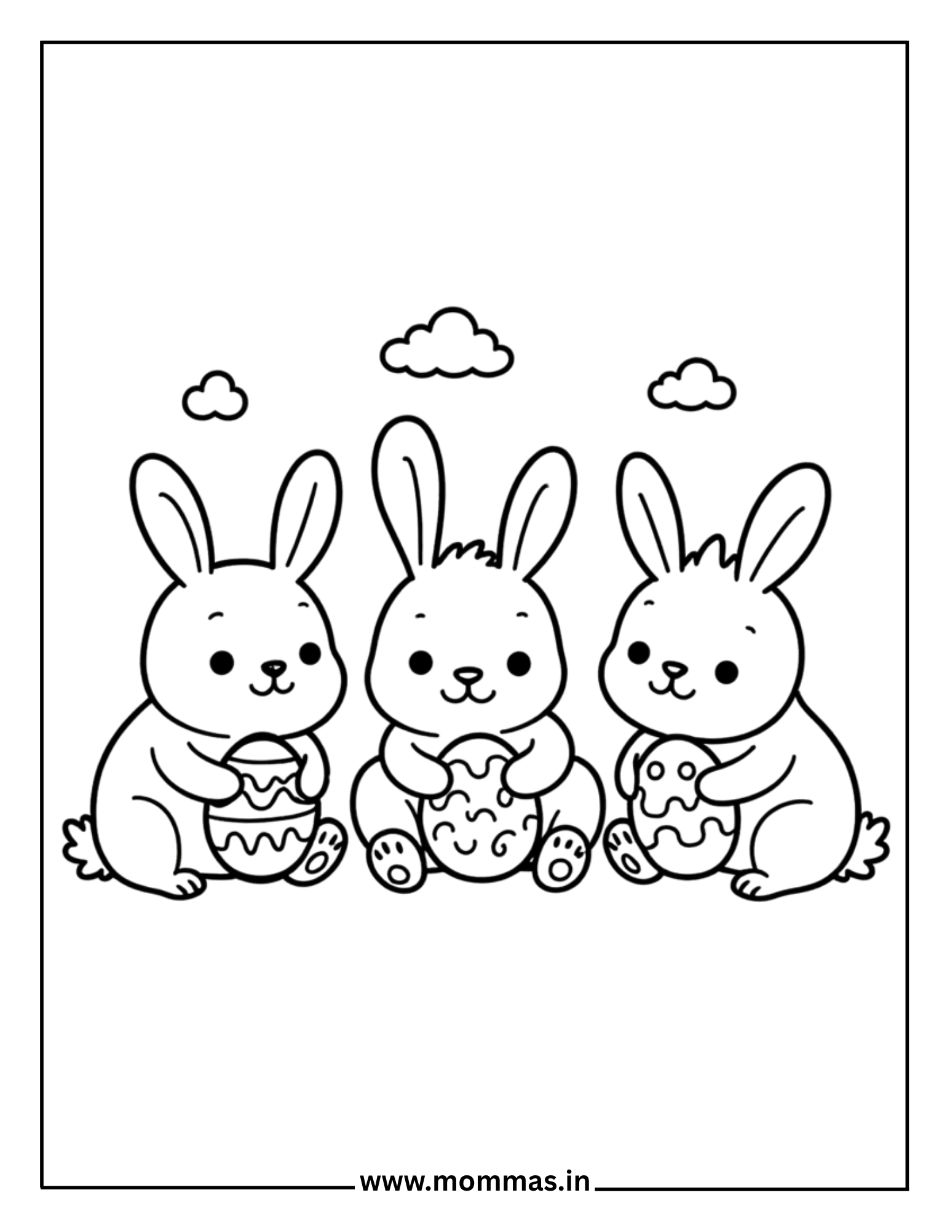 Printable Easter coloring pages featuring three cute bunnies with decorated Easter eggs and clouds for spring fun