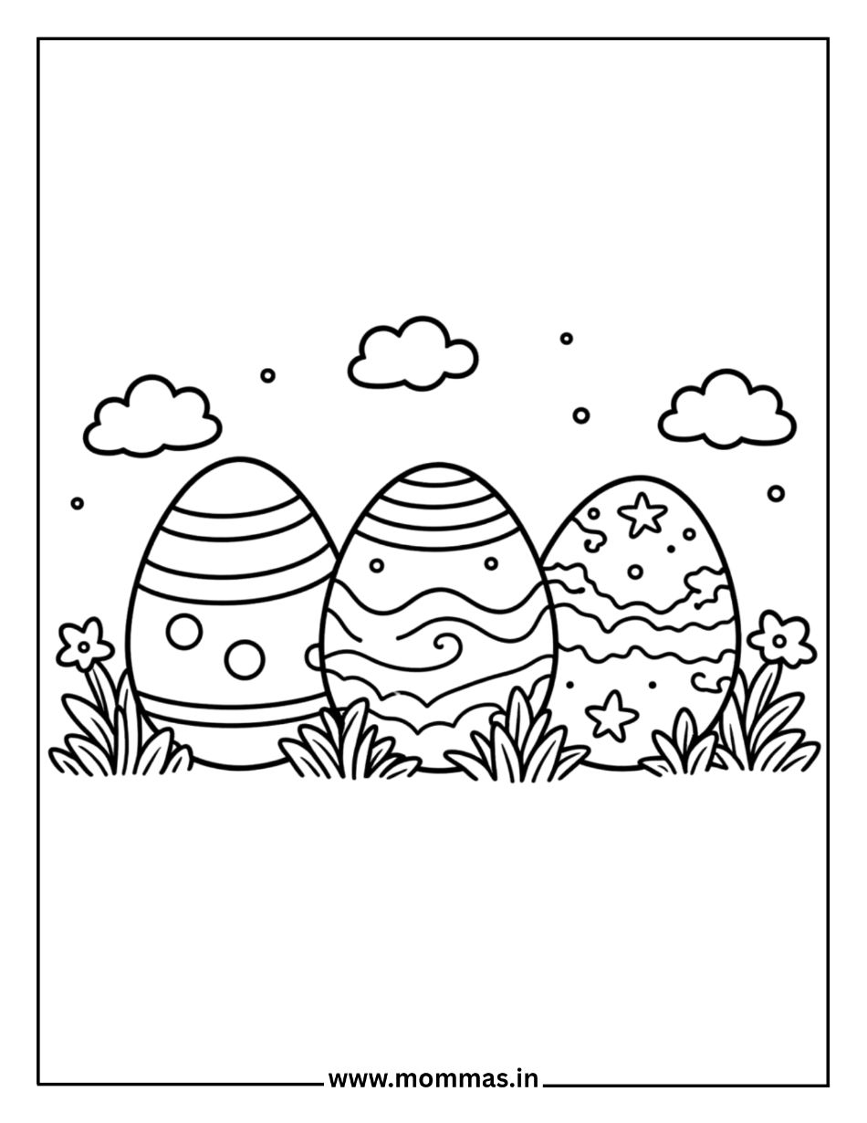 Beautiful Easter coloring pages featuring three decorated Easter eggs with flowers and clouds for garden themes