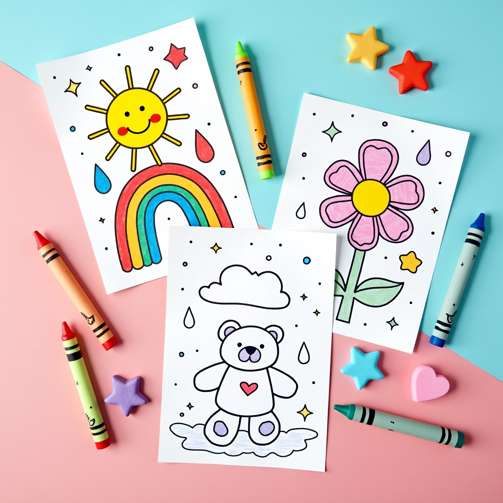 Easy coloring sheet with simple shapes and pencil grip guidance