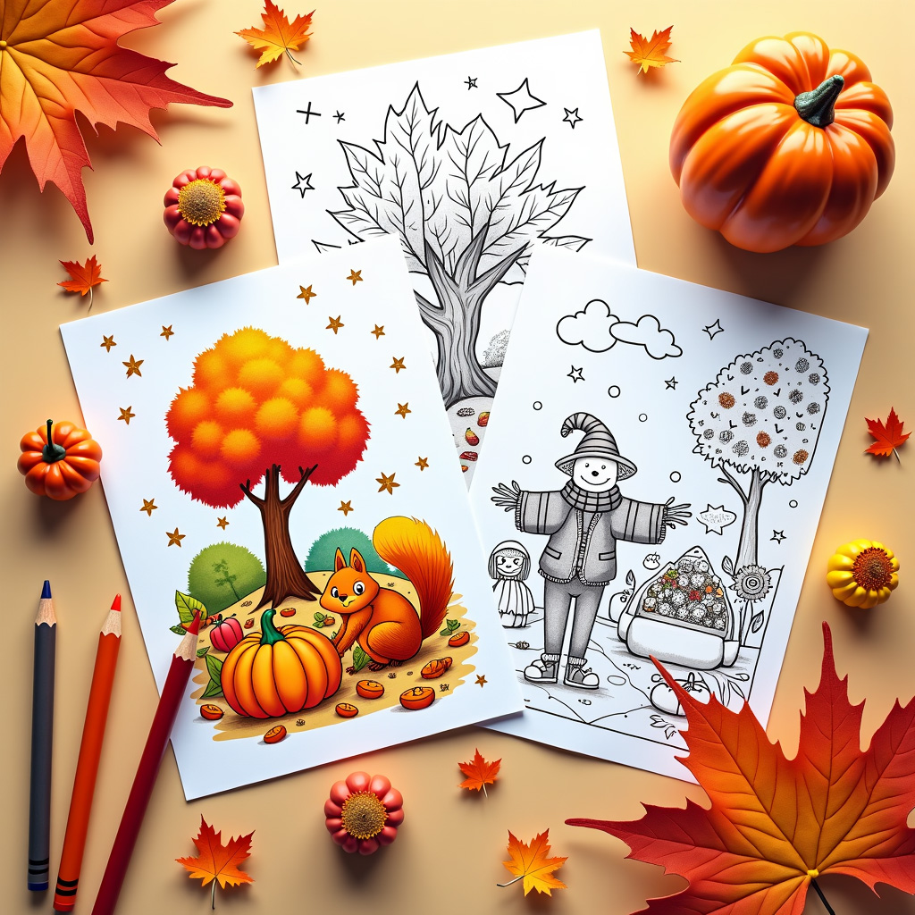 Fall coloring sheet with hidden shape puzzles in pumpkin patch patterns