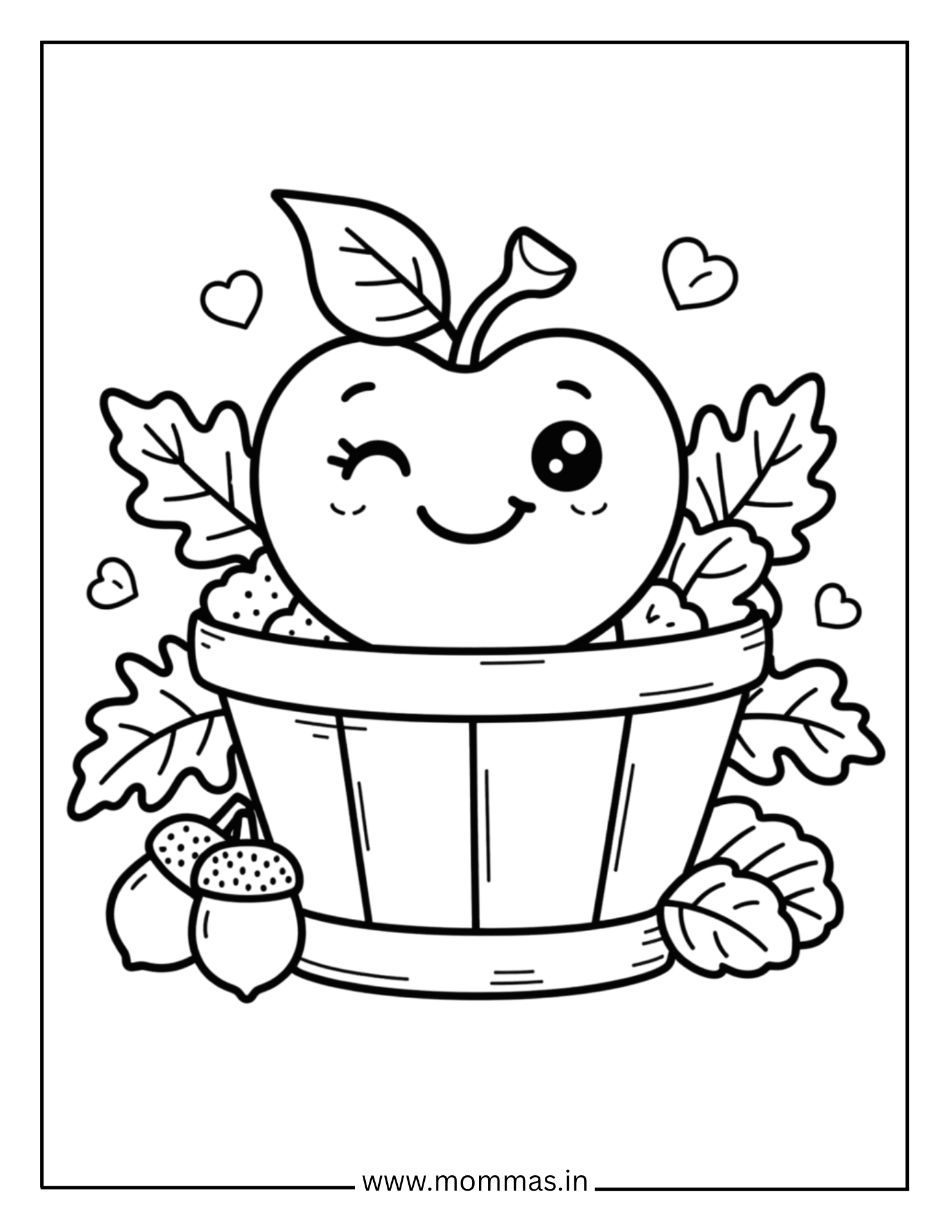 Printable fall coloring pages featuring happy apple in basket with hearts, leaves and mushrooms for autumn harvest fun