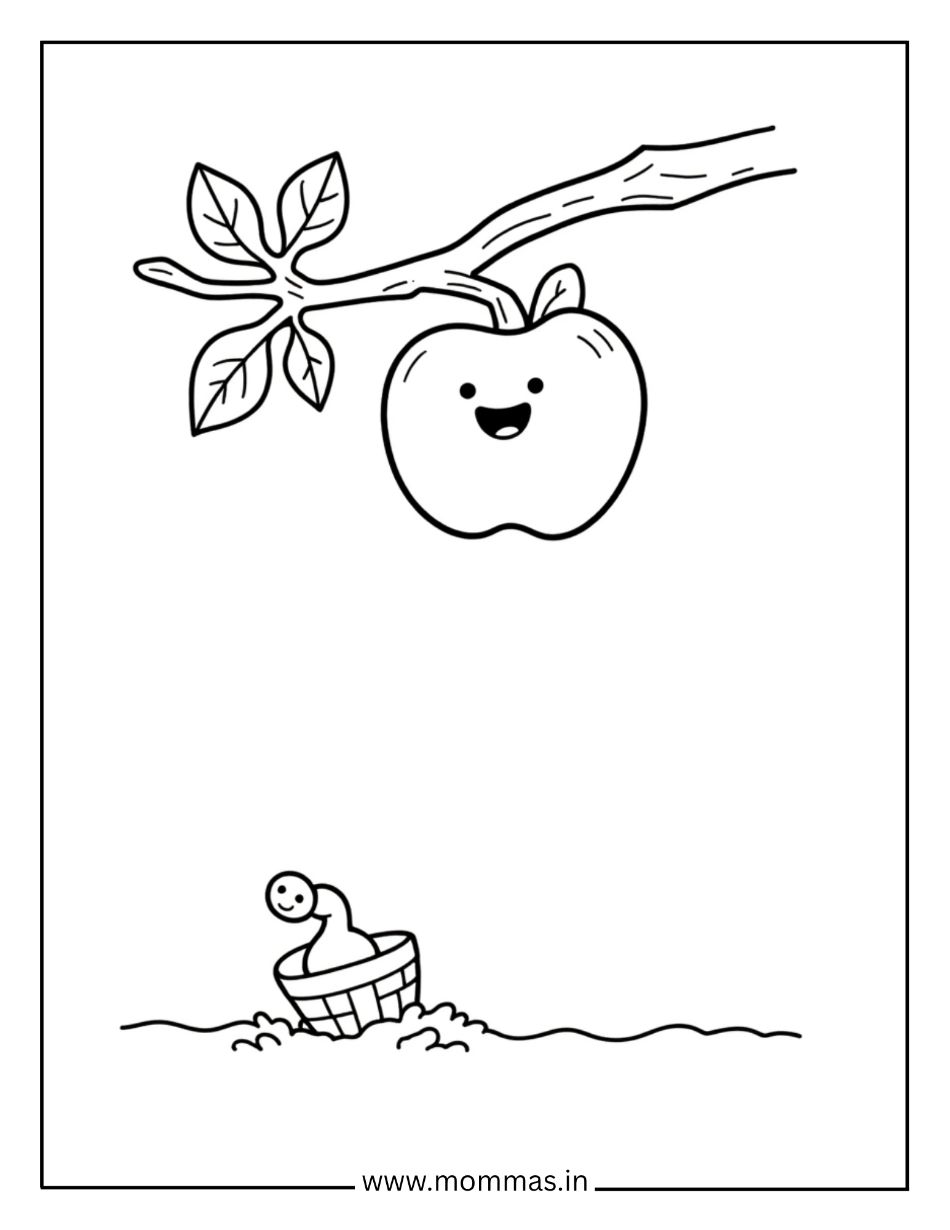 Beautiful fall coloring pages featuring apple tree with hanging fruit and duck in basket for harvest themes