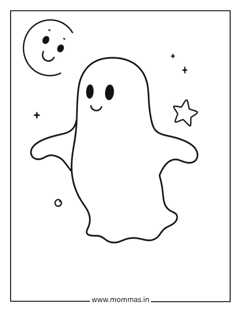 Printable fall coloring pages featuring cute ghost with moon and stars for gentle autumn night themes