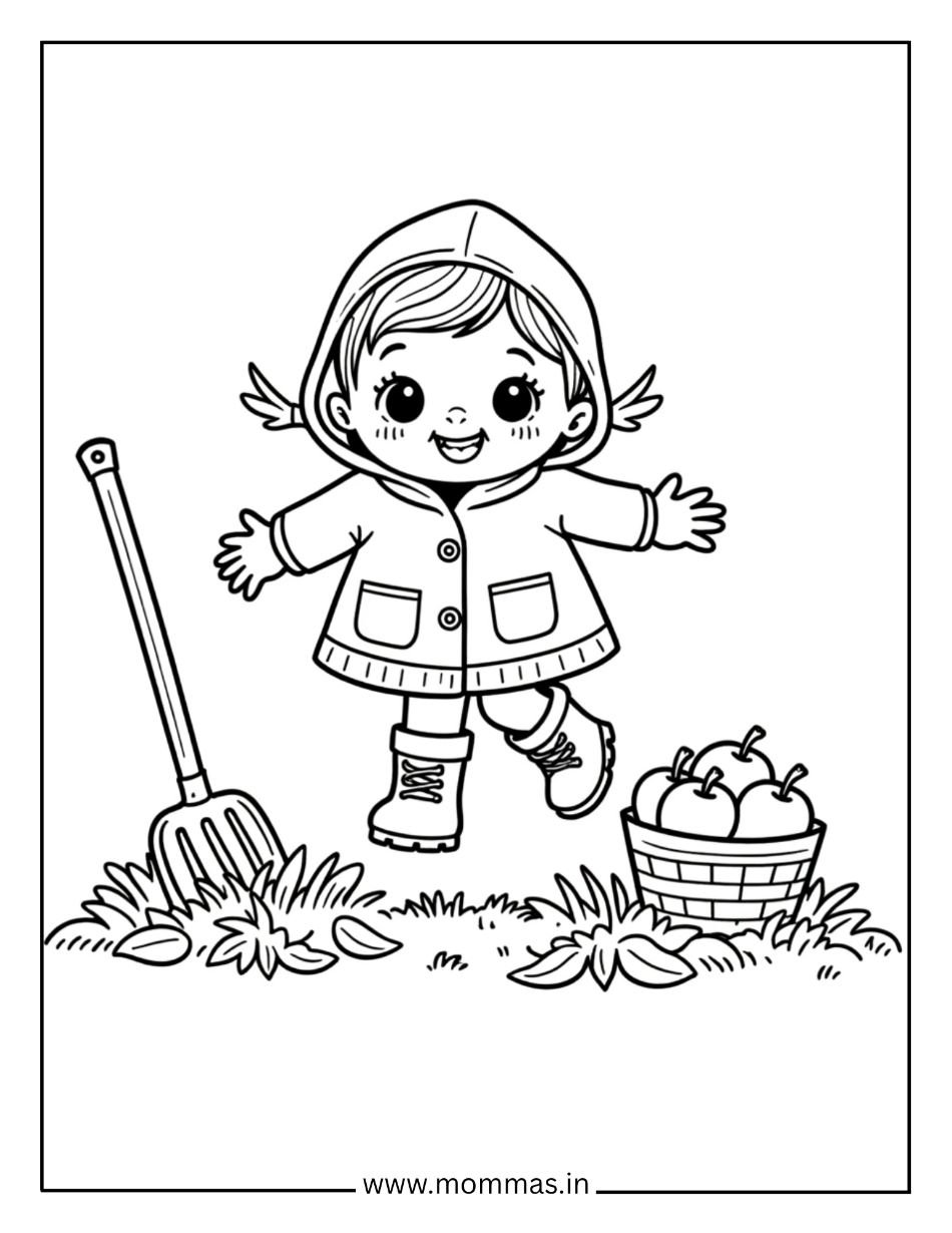 Printable fall coloring pages featuring girl raking autumn leaves with apple basket for harvest activity themes