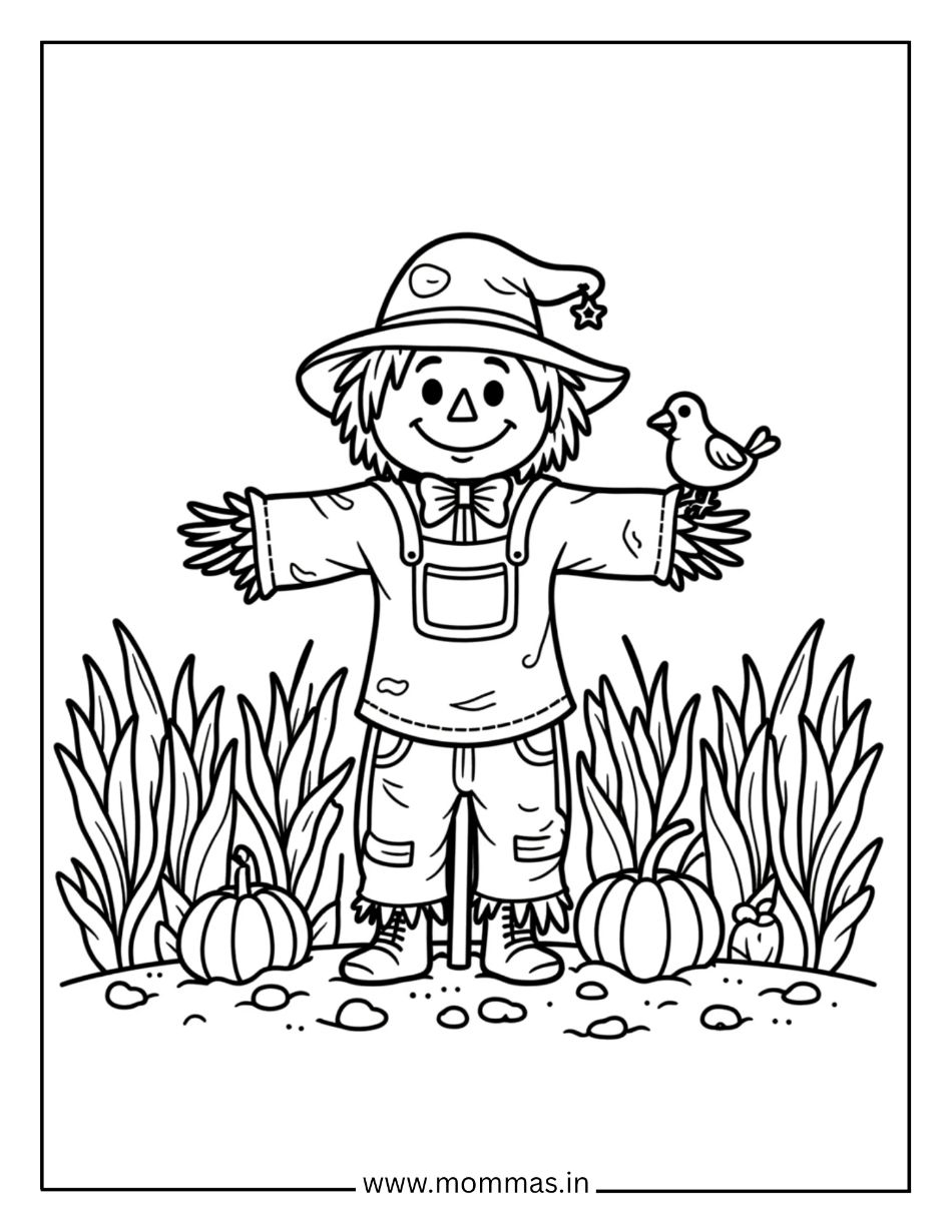 Festive fall coloring pages featuring scarecrow with hat, bird and pumpkins for autumn harvest celebration themes