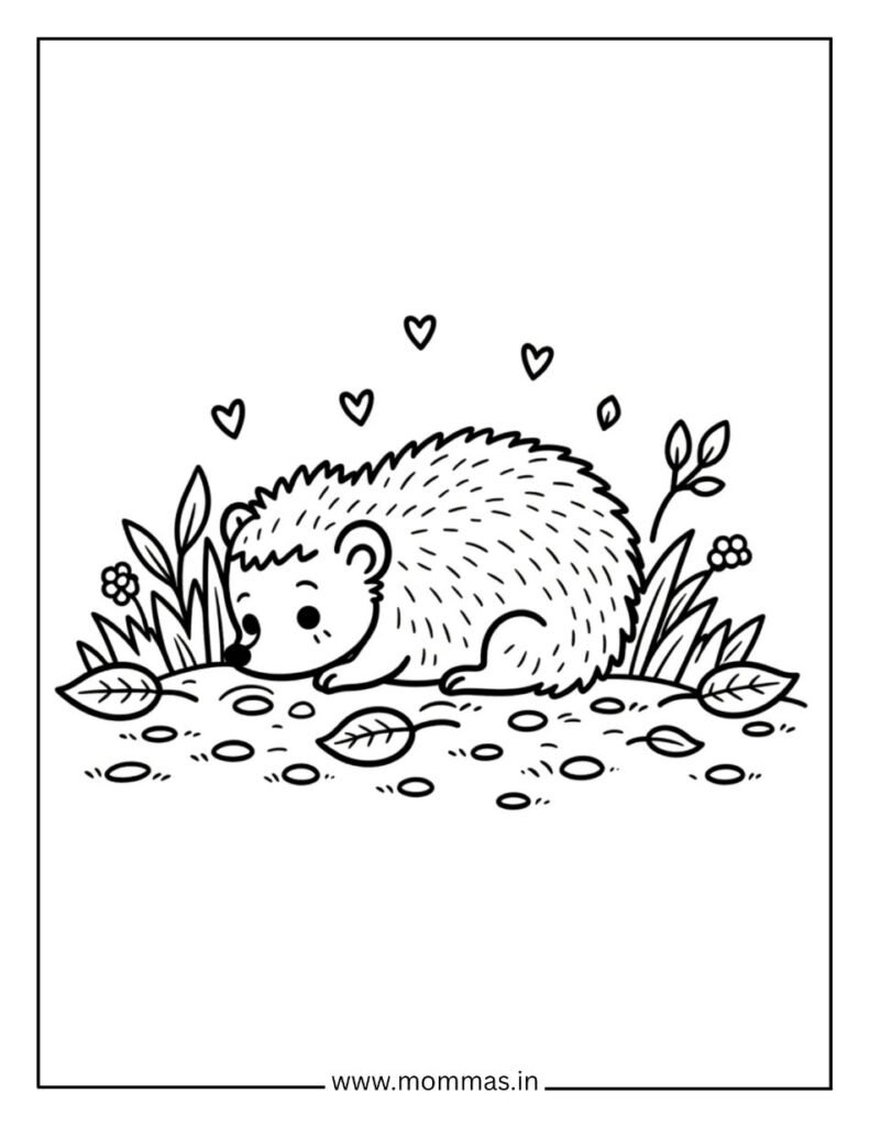 Cute fall coloring pages featuring hedgehog in garden with hearts and flowers for autumn love themes