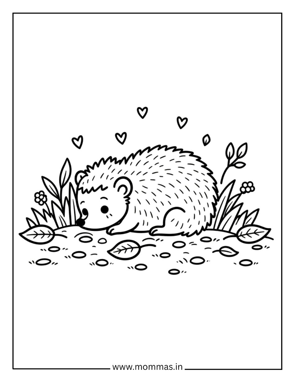 Cute fall coloring pages featuring hedgehog in garden with hearts and flowers for autumn love themes